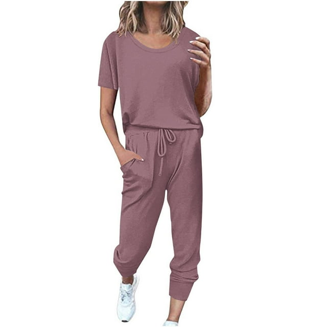 Yuyuzo Womens Workout Sets 2 Piece Short Sleeve Crew Neck T-Shirts Drawstring Jogger Pants with Pockets