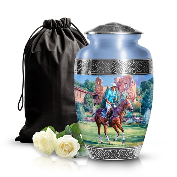 SABURIAL Horse Polo Urn - Burial Cremation Urns for Male & Female Ashes - Perfect Handcrafted Burial Urn for Human Ash - Adult Urns for Ash - 10 Inch - Large with Velvet Bag