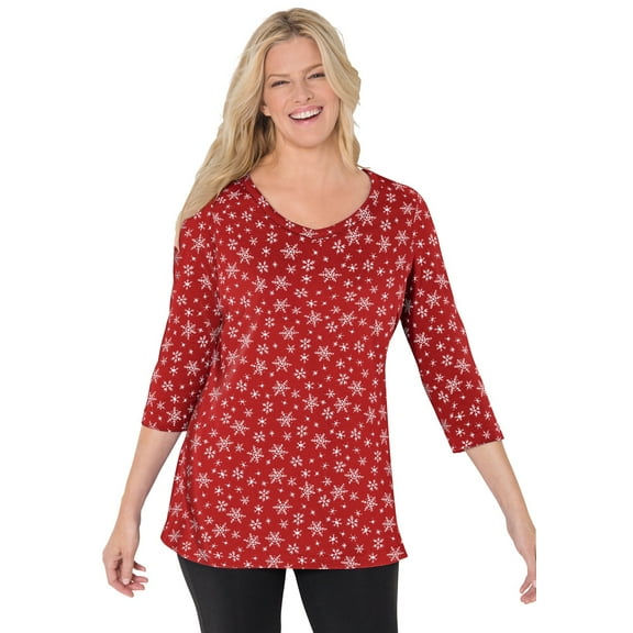Woman Within Plus Size Perfect Printed Three-Quarter Sleeve V-Neck Tee