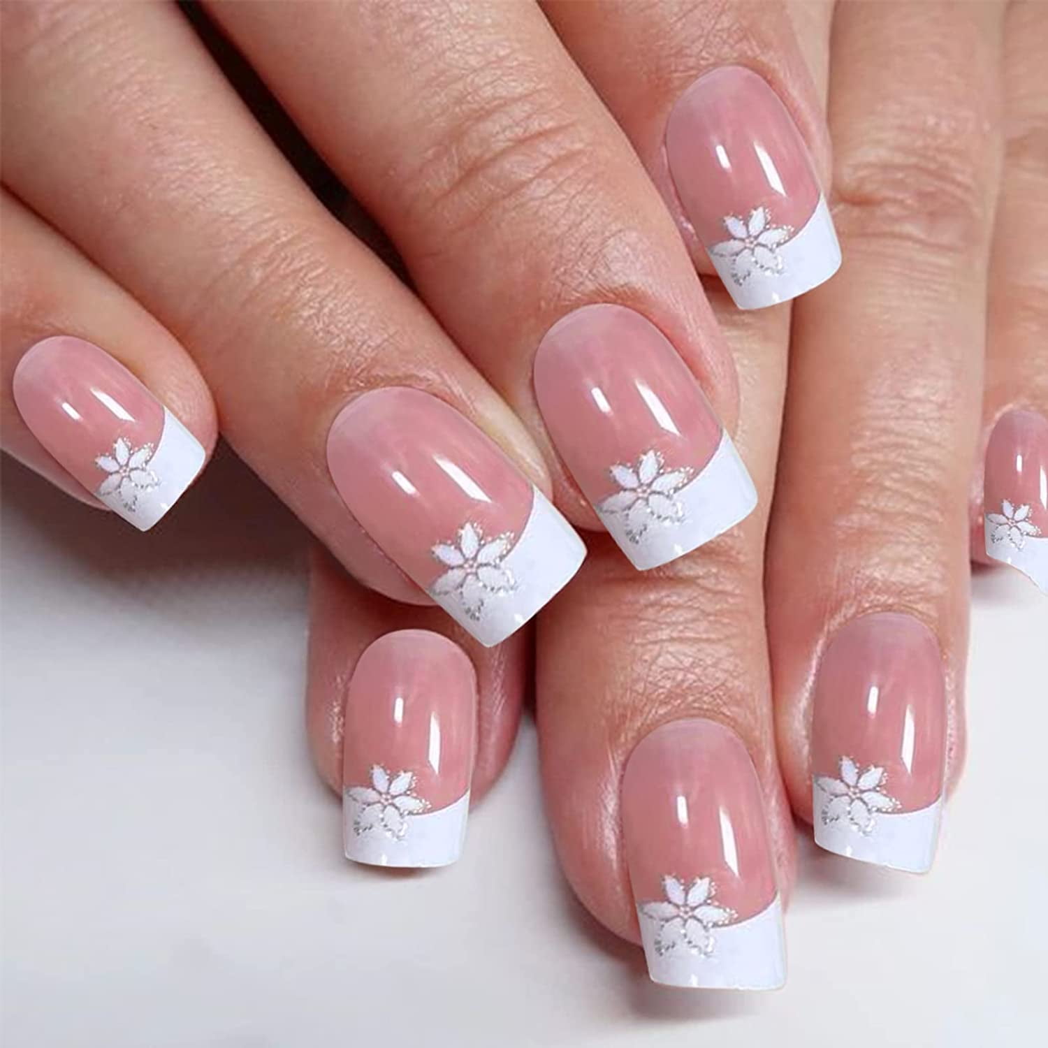 French Tip Press on Nails Short Stick on Acrylic Nails Square Fake Nails  with Flower Design Glossy Glue on False Nails for Women 