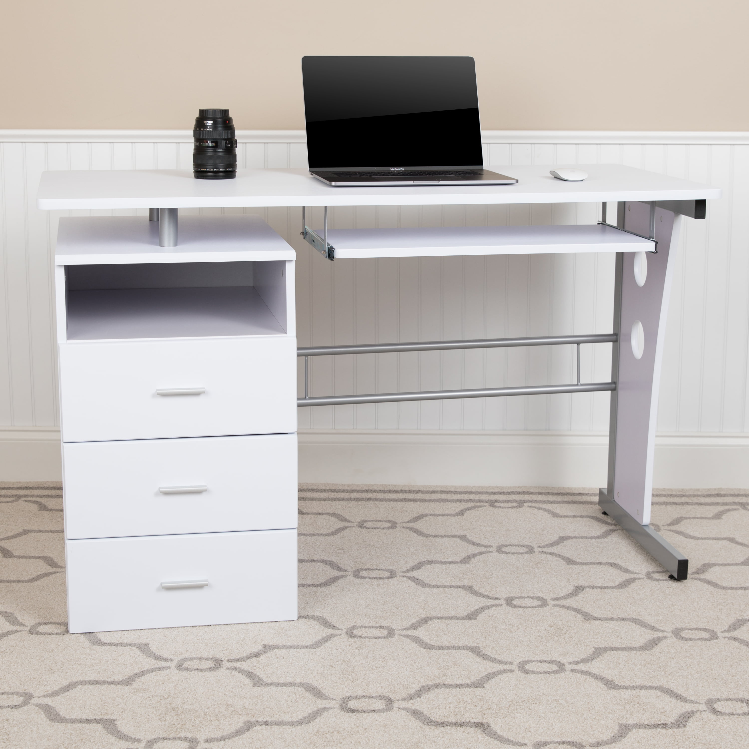 Flash Furniture White Desk With Three Drawer Pedestal And Pull Out