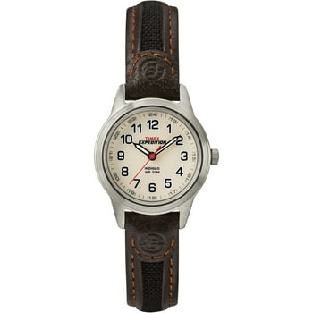 Timex Women's Expedition Metal Field Mini 26mm Watch – Silver-Tone Case Cream Dial with Black & Brown Fabric & Leather Strap