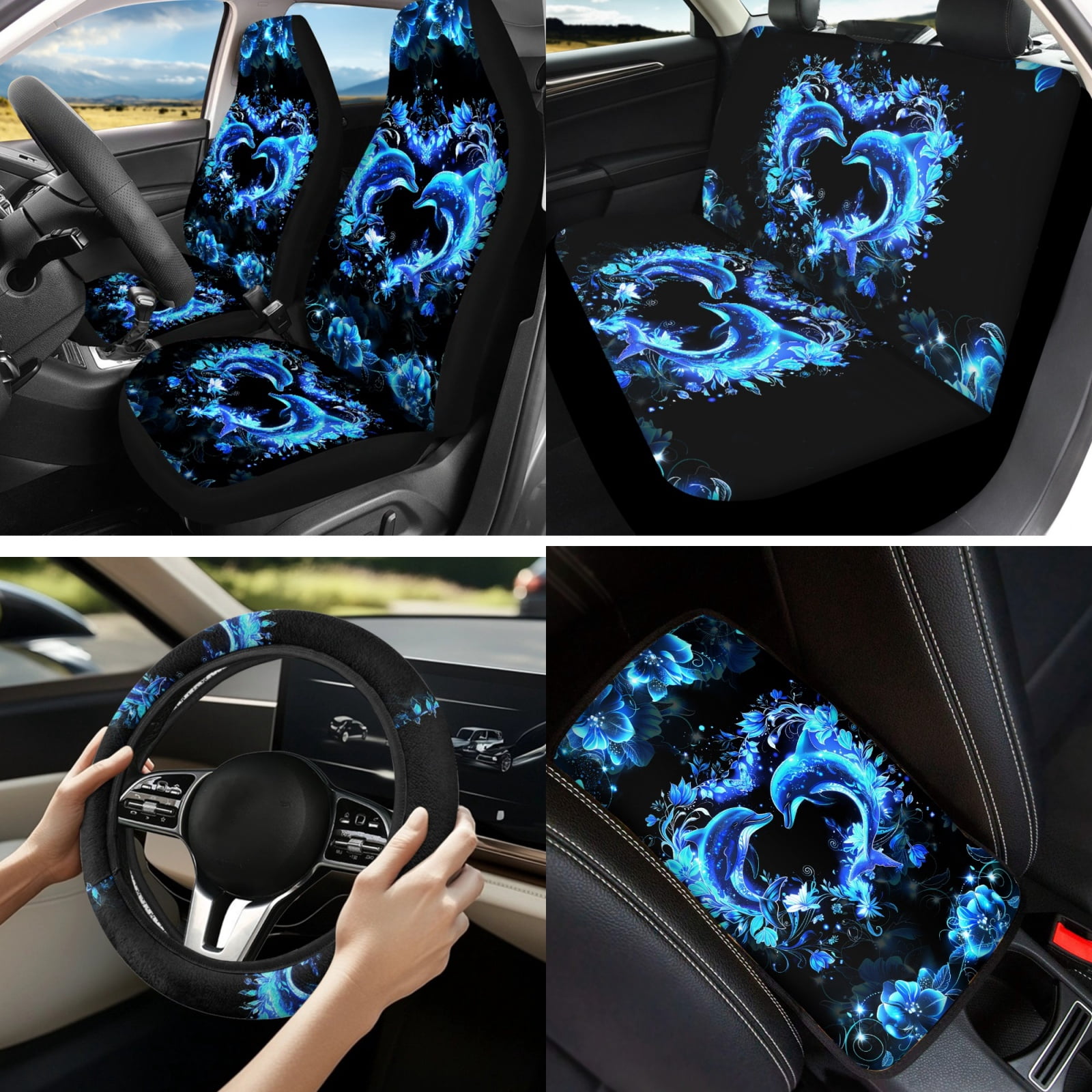 Yuyamidu Cute Dolphin Car Seat Covers Full Set with Steering Wheel Cover Blue Hibiscus Safe Belt Pads Coasters Key Chain Car Center Console Cover, Set of 13