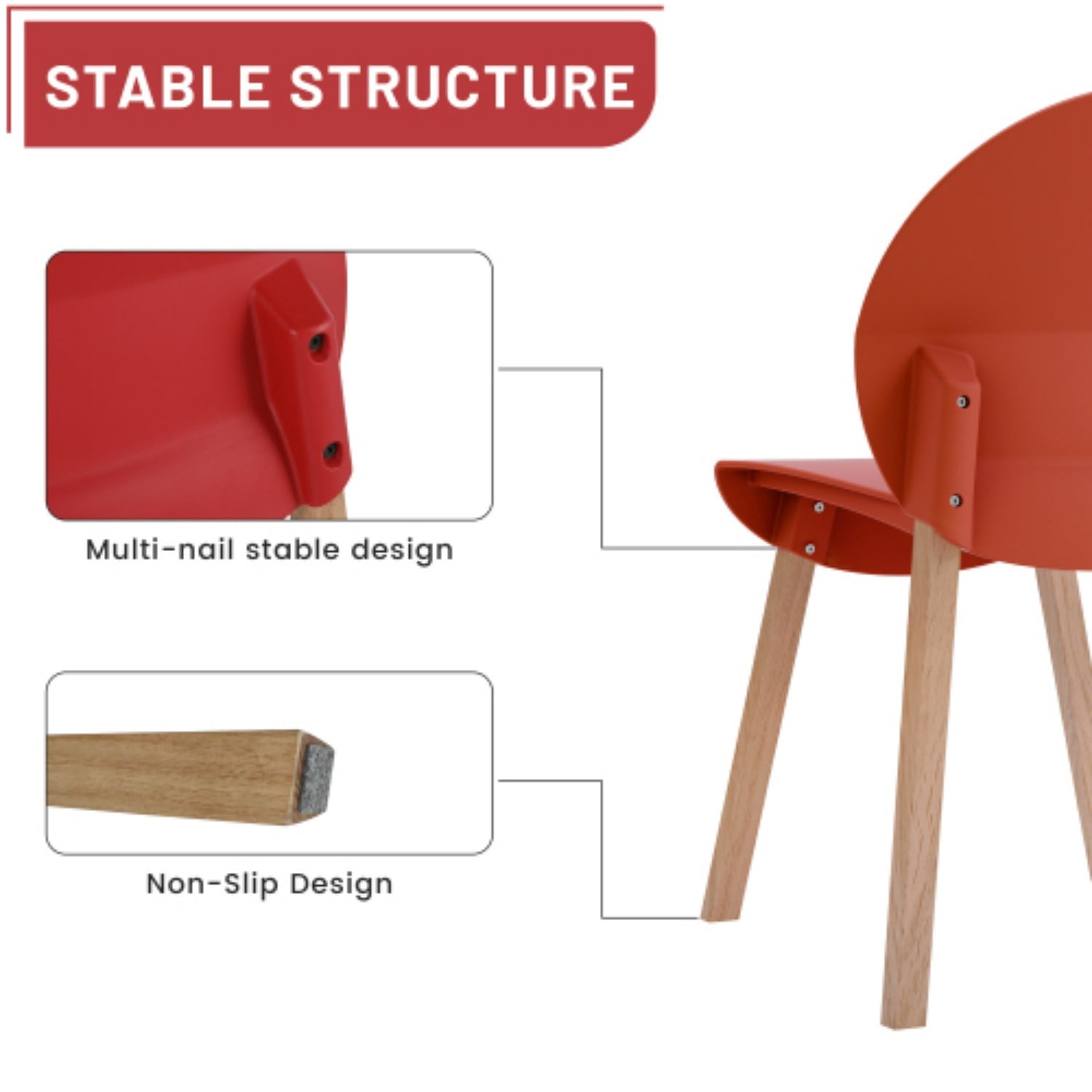 Dining Chairs Set of 4, Modern Kitchen Chairs with PP Seats & Solid Red Oak Wood Legs, 330 lb Capacity, Indoor Dining Room Living Room Chairs, Crimson Red