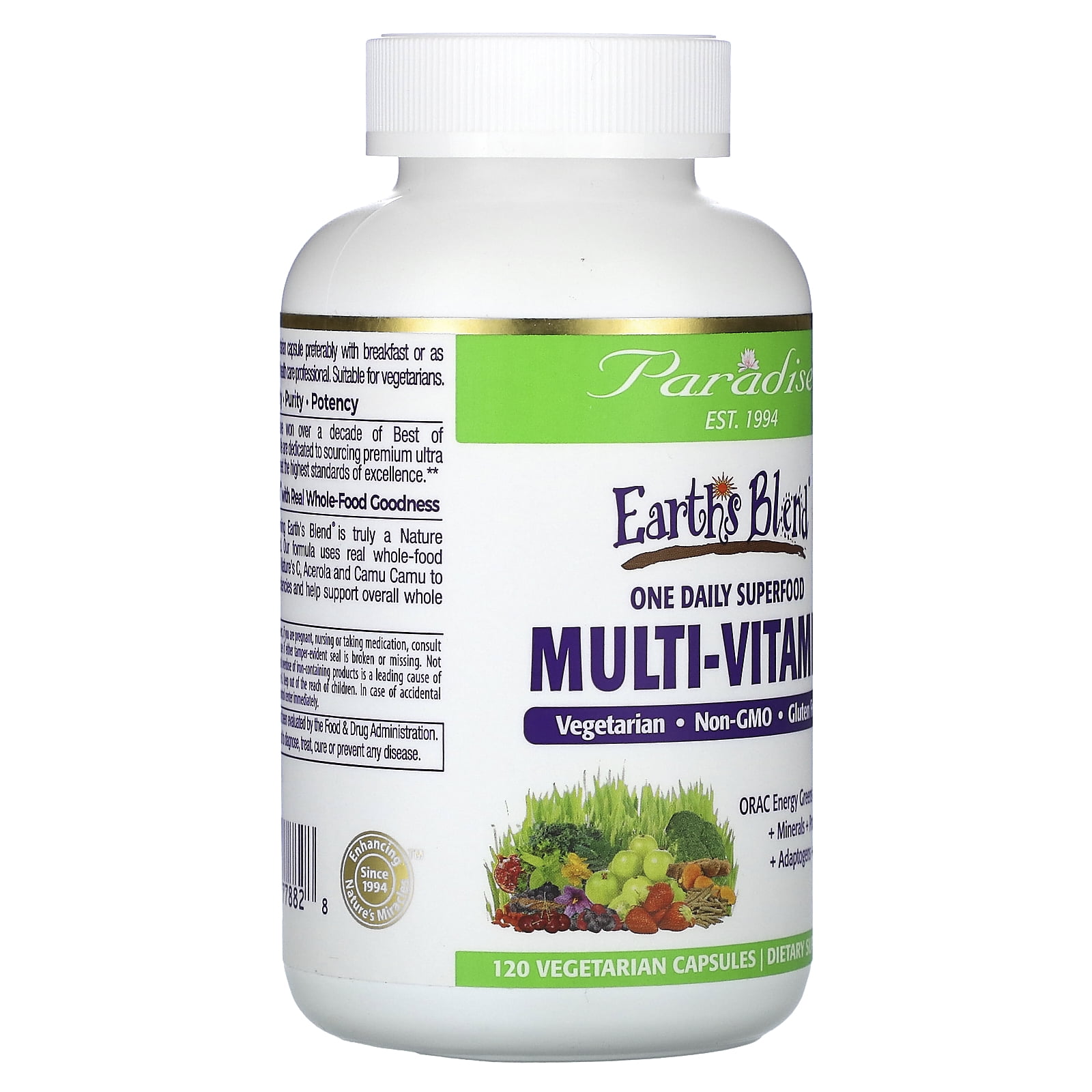 Paradise Herbs Earth's Blend, One Daily Superfood Multi-Vitamin with Iron, 120 Vegetarian Capsules