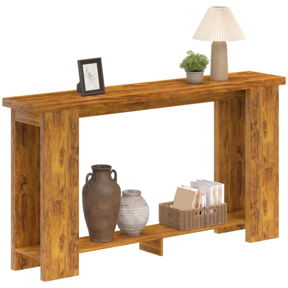 Distressed Brown Console Table, 63" Long Narrow Sofa Table with Open Shelf, Anti-Tip Strap, Heavy-Duty MDF Tabletop for Small Spaces (Living Room/Hallway)