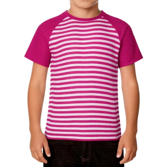 VNKIDY Boys TShirts Kids Striped Short Sleeve Raglan Tees Waffle Knit Crewneck Casual Breathable Stretch Top For Casual Daily Wear Trendy Top Hot Pink 24