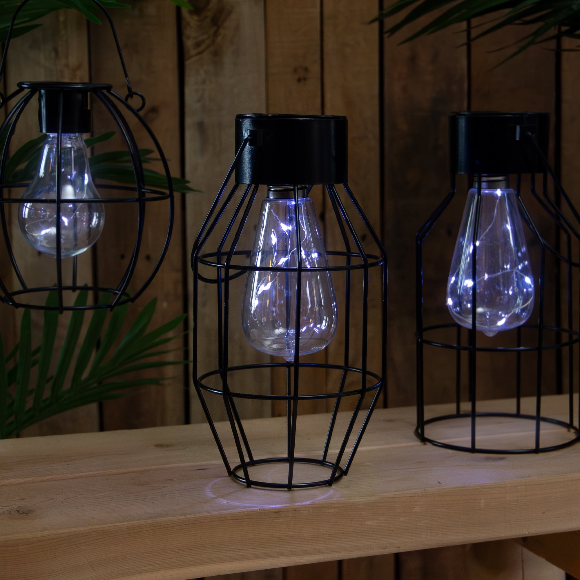 9.5" Black Geometric Oblong Outdoor Hanging Solar Lantern with Handle