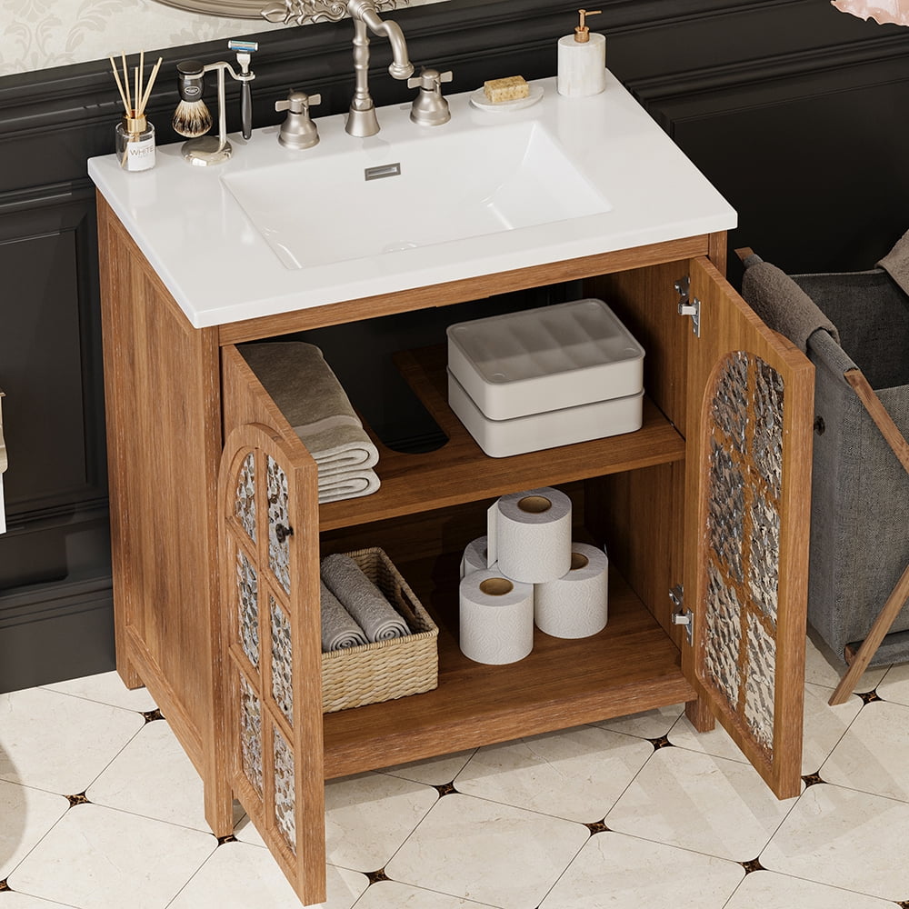 YINGYING 31" Vintage Bathroom Vanity with Ceramic Sink, Freestanding Bathroom Cabinet with Bronze Pulls and Tempered Glass