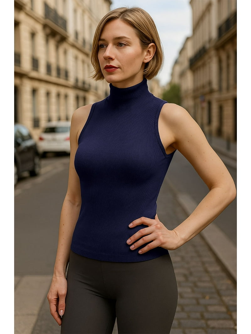 Kuda Moda Seamless Ribbed Mock Neck Sleeveless Top for Women