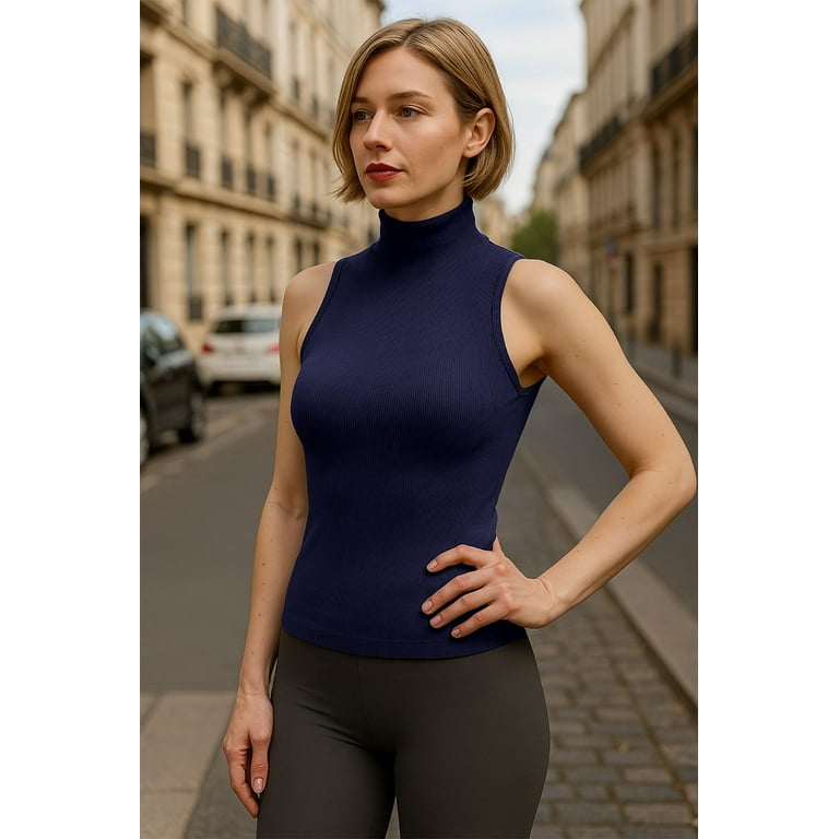 Kuda Moda Seamless Ribbed Mock Neck Sleeveless Top for Women