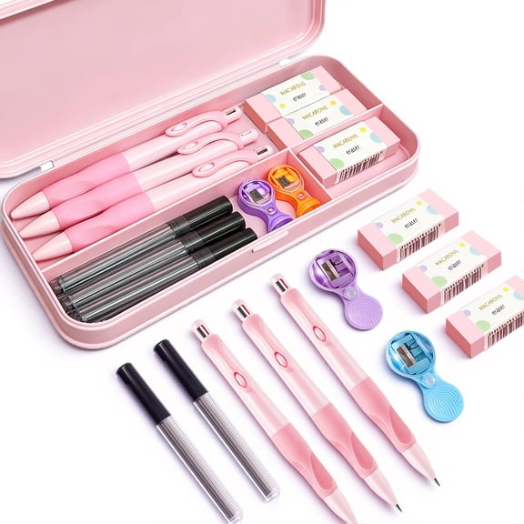 Cute Pink 2.0MM Mechanical Pencil Set Include 3 Kawaii 2.0MM Mechanical Pencils,3 Tubes Mechanical Pencil Lead Refills,3 Erasers,2 Sharpeners,Pink Storage Box for Office Supplies