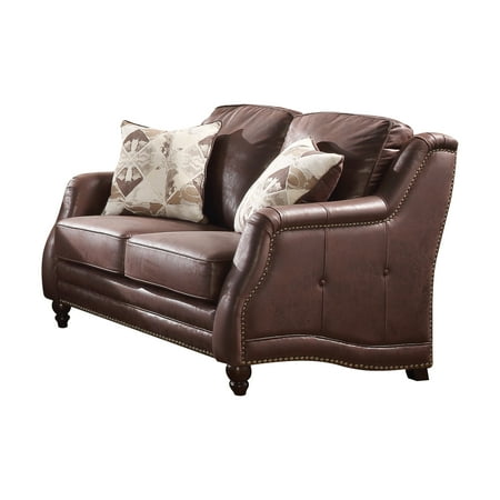 Acme Nickolas Stationary Loveseat with 2 Pillows in Chocolate Fabric