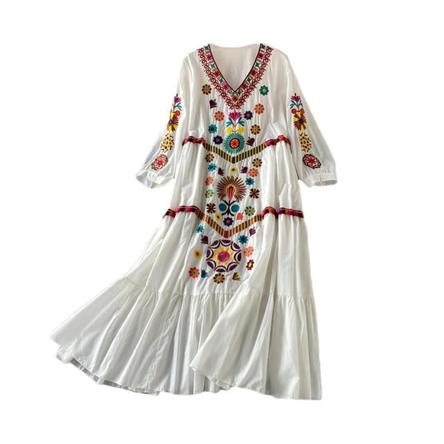 Vestido de verano para mujer, elegante, bordado floral, maxi, cómodo, informal, vestido de hadas 108cm de longitud