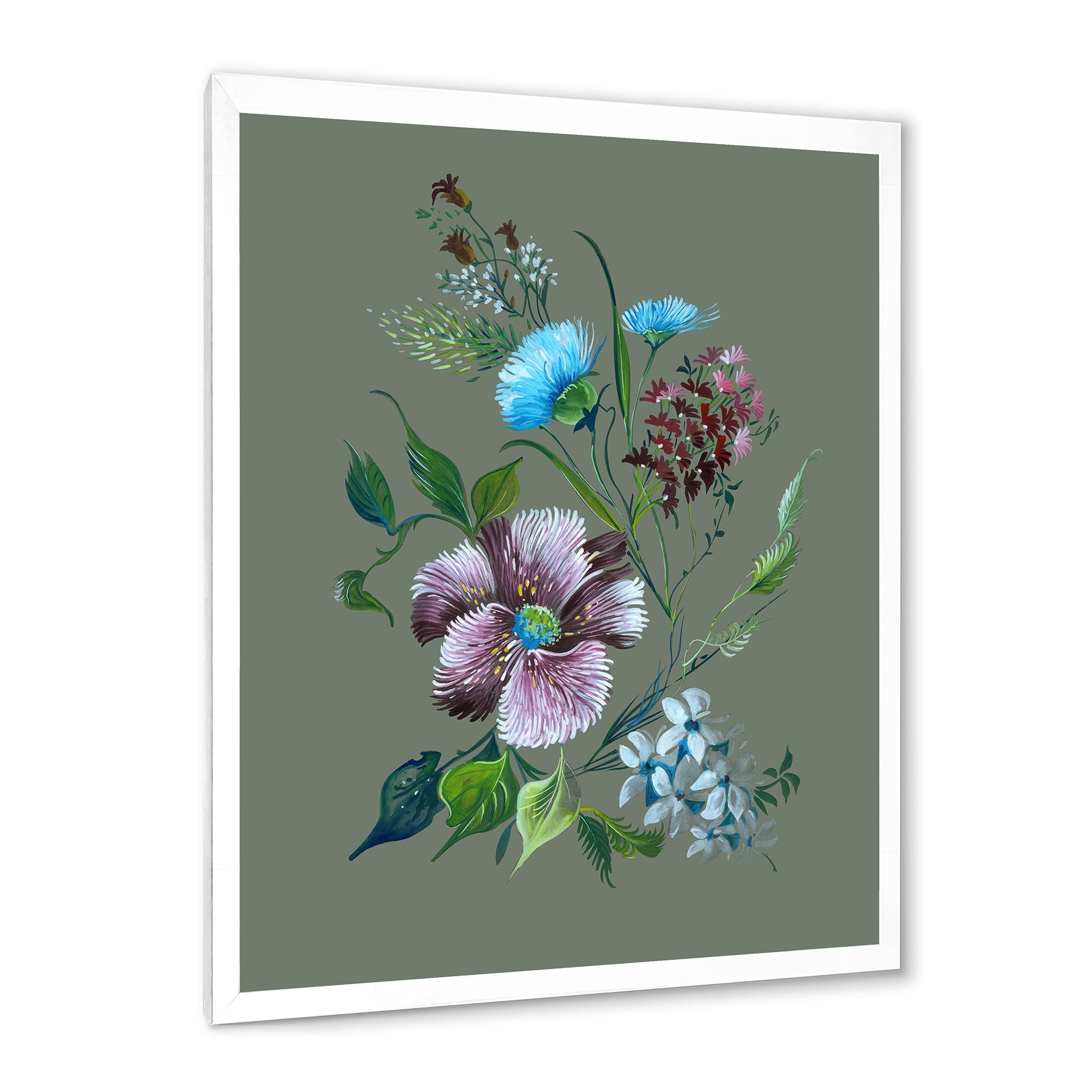 Turquoise and Purple Spring Flowers 16 in x 32 in Framed Painting Canvas Art Print, by Designart