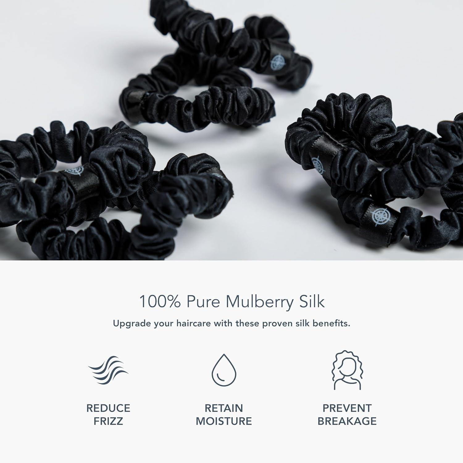 Fishers Finery 25 Momme Pure Mulberry Silk Scrunchies - Skinny Silk Hair Ties for Dark Hair (Black 6 Pk)