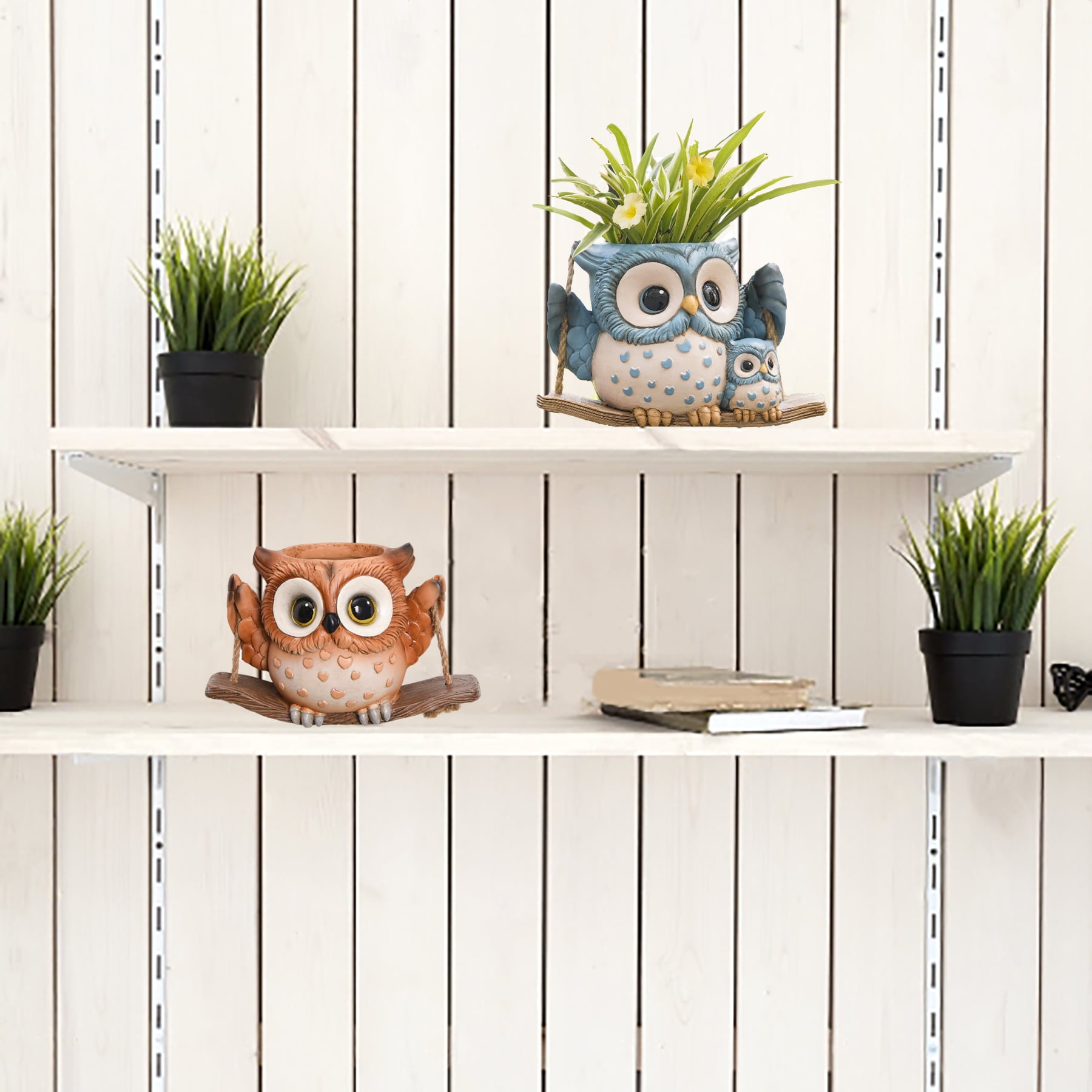 Quoowiit 4.72" H Owl Hanging Planter, Round Resin Succulent Pot with Drainage Holes, Animal Print Indoor Outdoor Decor