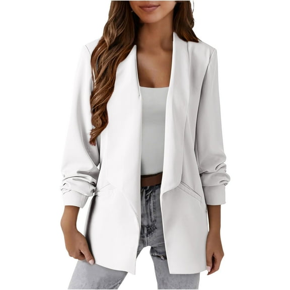 Loopsun Womens Jackets, Blazers for Women, Women Business Casual Solid Long Sleeve Lapel Open Front Suit Jacket Blazer with Pockets White XL