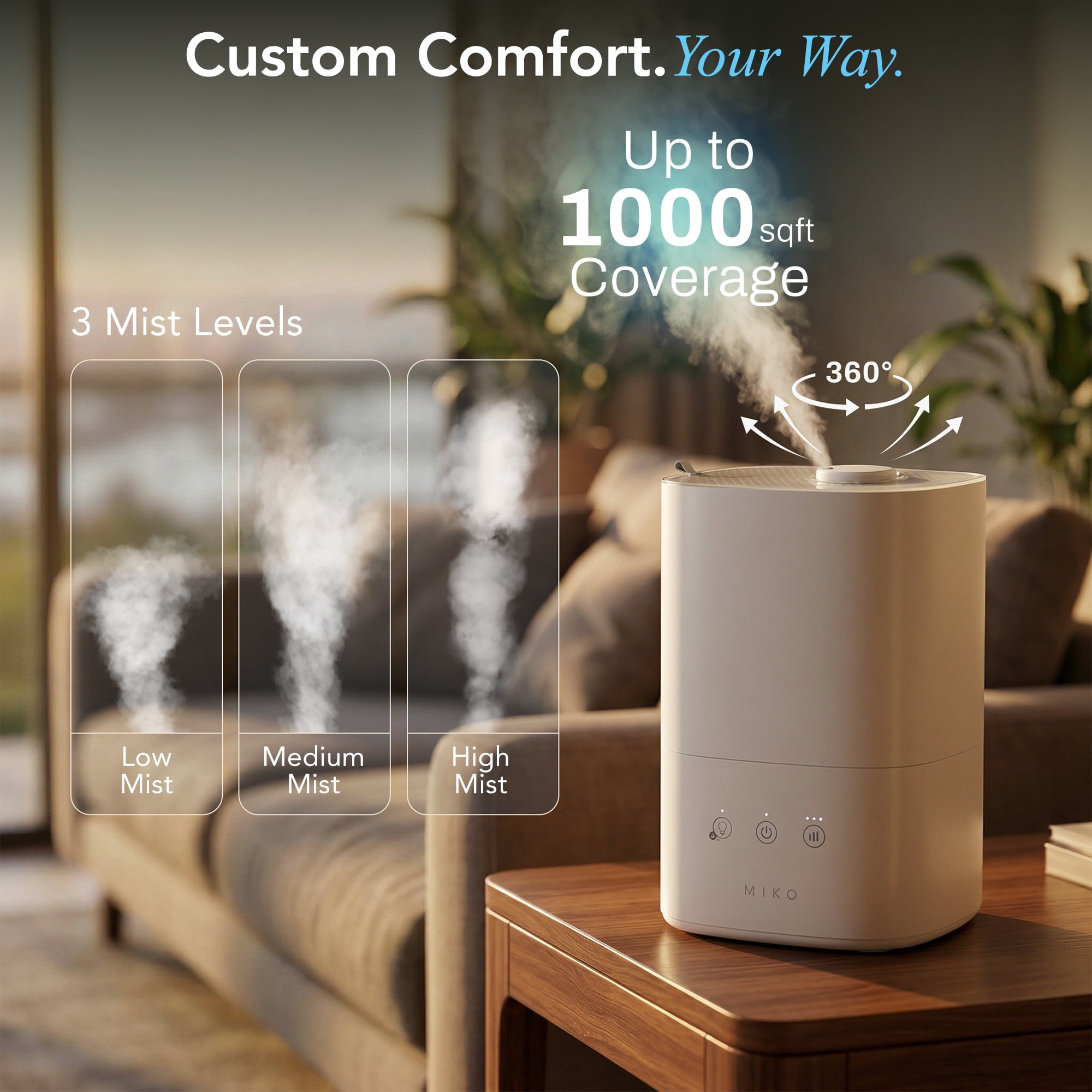 MIKO Breeze Smart Cool Mist Humidifier For Home, 3L Top-Fill, Ultra-Quiet, Essential Oil Diffuser, Easy Clean, Rapid Humidity Increase Breeze