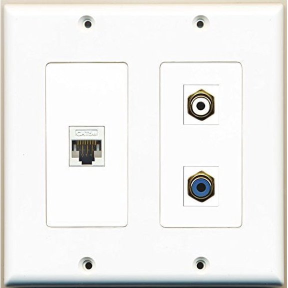 RiteAV - 1 Port RCA White 1 Port RCA Blue 1 Port Cat5e Ethernet White - 2 Gang Wall Plate