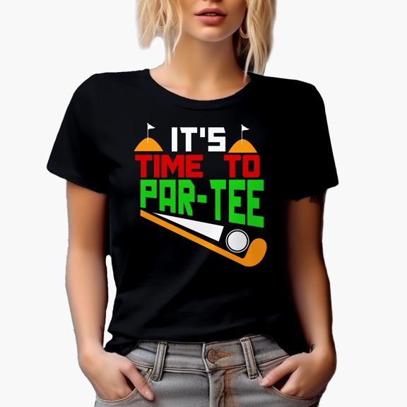 It's Time to Par-tee with a Ball, Club & Flags, Golf Player, Golfing or Golfer Themed Merch Gift, Black T-Shirt, Small