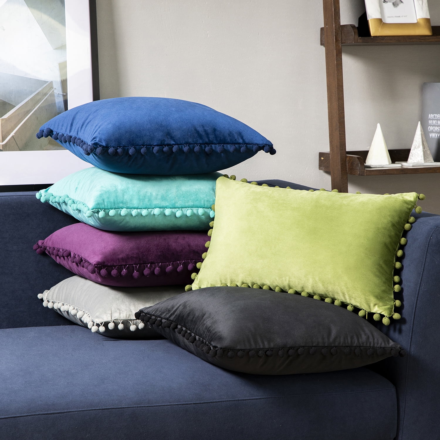 Phantoscope Silky Velvet Series Pom Pom Decorative Throw Throw Pillow Covers, Cushions for Sofa Couch, 12" x 20", Black, 2 Pack