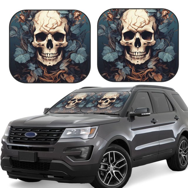 Balery Vintage Leaf Flower Skull Parasol para parabrisas de coche de 2 piezas | Parasol plegable para parabrisas delantero de coche para la mayoría de sedanes-Medium