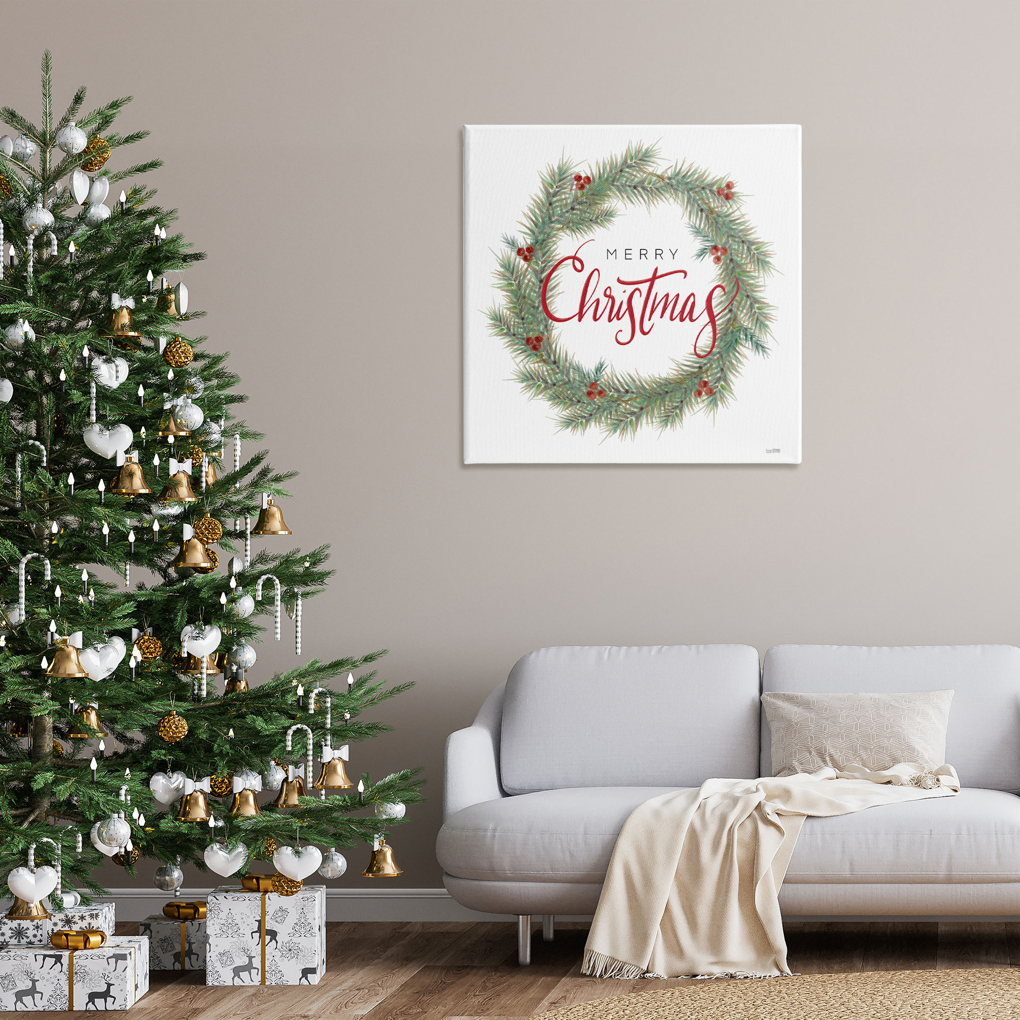 Stupell Industries Traditional Merry Wreath Holiday Painting Gallery Wrapped Canvas Art Prints Wall Art, 36 x 36