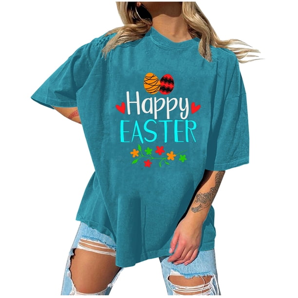 Blusa informal de manga corta con cuello redondo y estampado de Pascua para mujer Pompotops hfajkhk128280