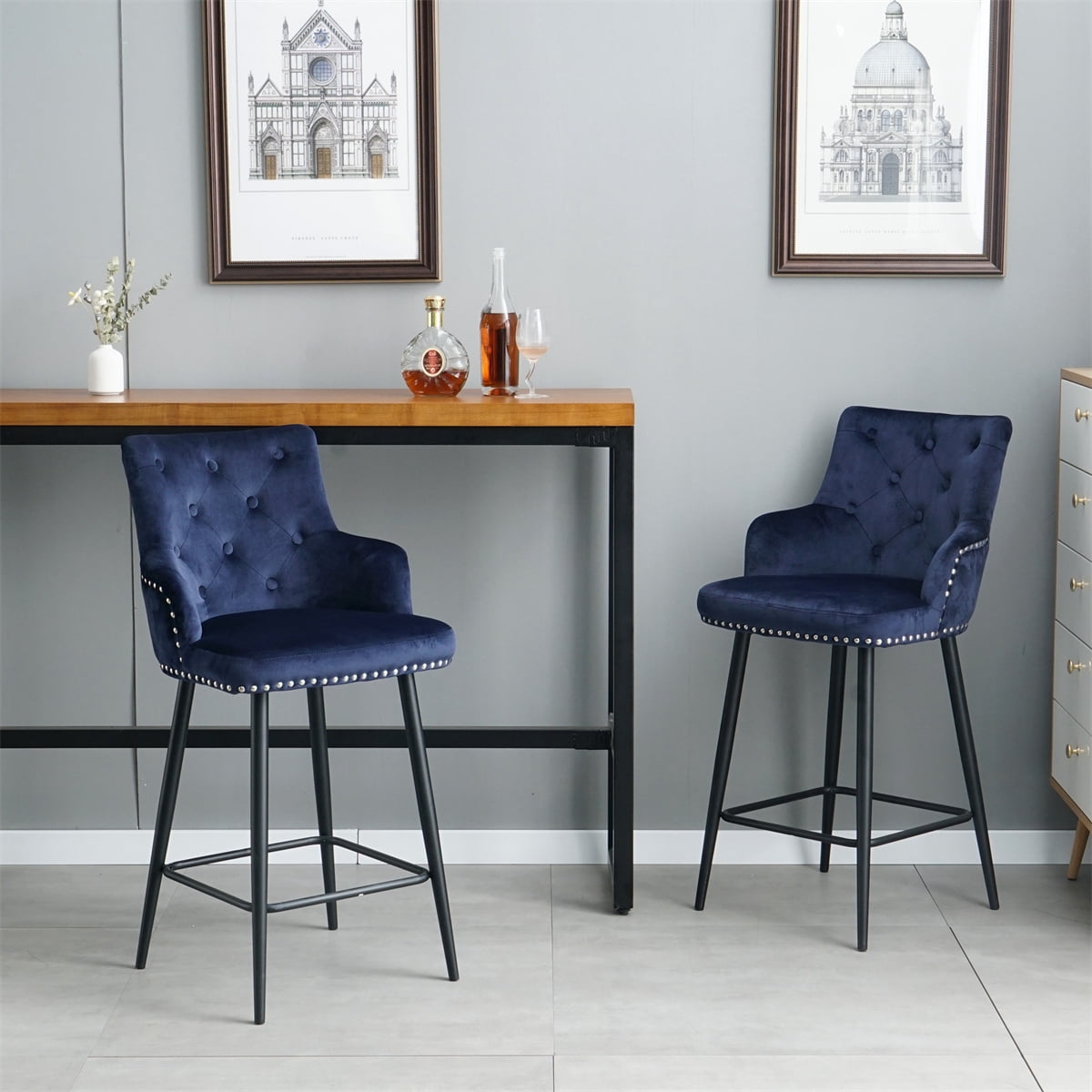 Bar Stool Chair Set of 2, Velvet Upholstered Seat Counter Stools High