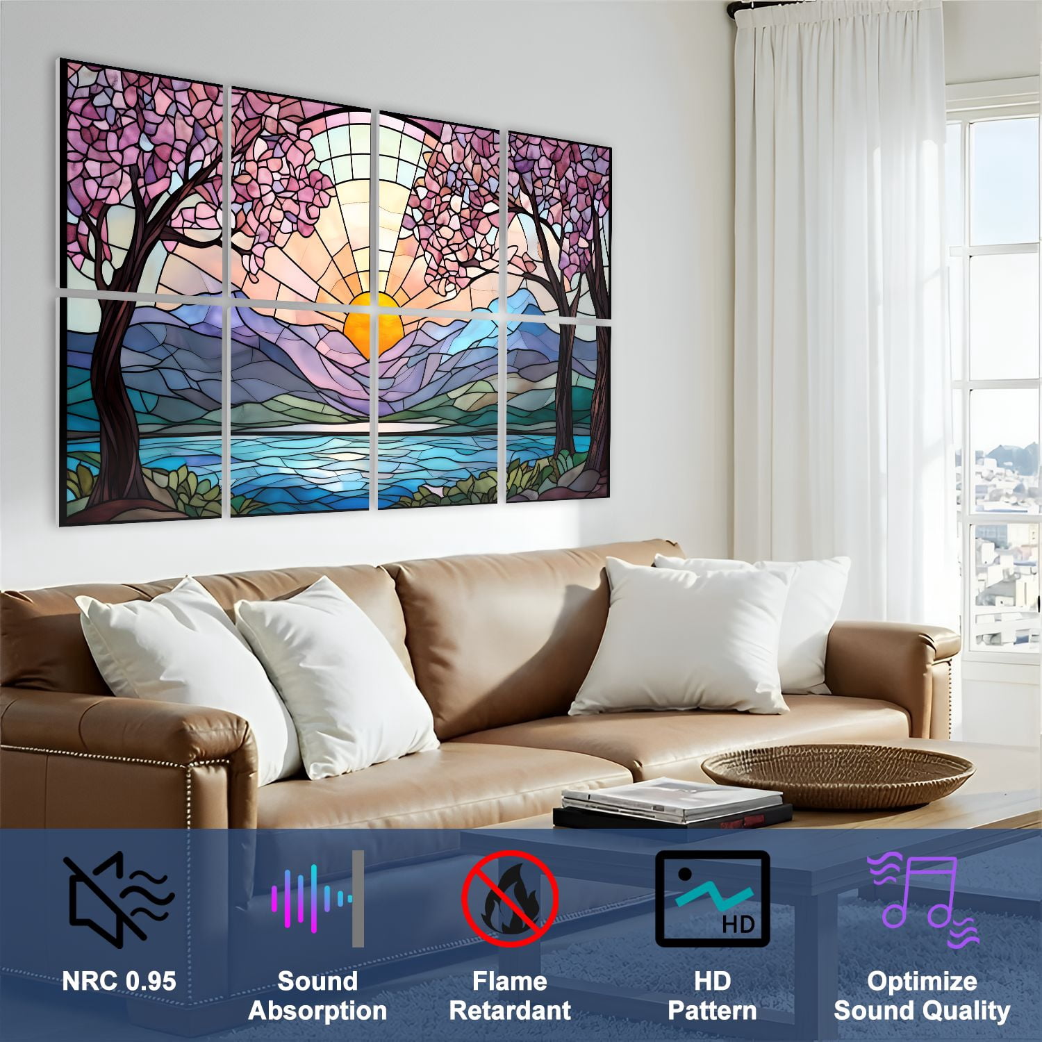 Stained Glass Style 8 Pack Art Acoustic Panels Sound Absorbing Sunrise Cherry Blossom Trees Decorative Soundproof Wall Panels Self Adhesive for Nursery Game Room Bedroom 48"x32"