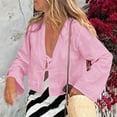 thumbnail image 3 of JGGSPWM Women's Tie Front Top, Bow Linen Shirt for Summer, White Y2K Long Sleeve Blouse, Lace Up Ruffle Babydoll Tunic, Cute Going Out Top Pink#/001 L, 3 of 8