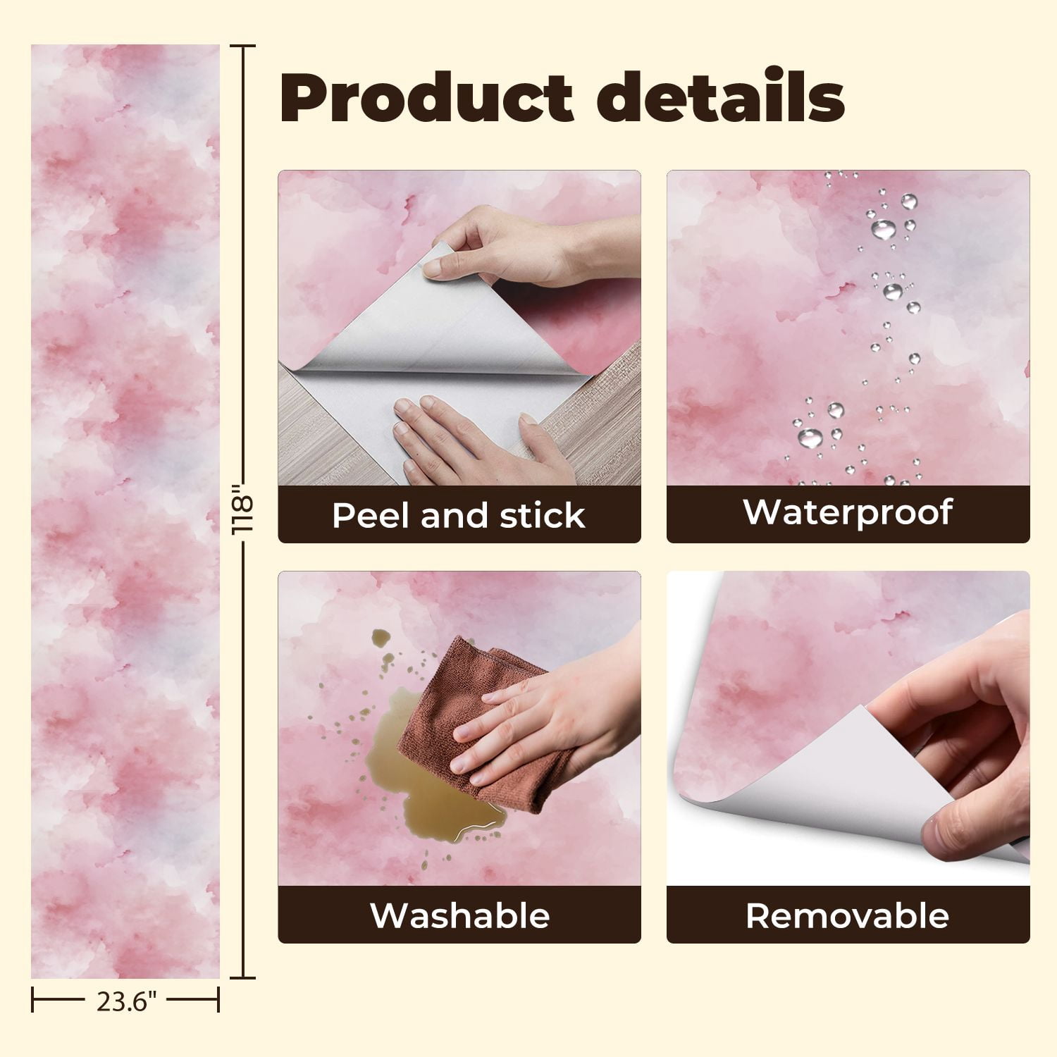 Peel and Stick Wallpaper Soft Pink Watercolor Abstract Blush White Hues Wall Mural 23.6in x 9.8ft Self Adhesive Removable Wall Paper Renter Friendly Wallpaper for Nursery Bedroom Cabinets
