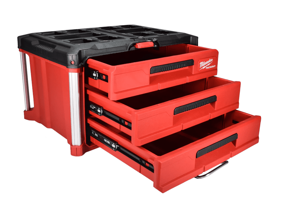 Milwaukee PACKOUT 3-Drawer Tool Box – Modular Storage with Locking Security Bar & Quick-Adjust Dividers - Perfect for Jobsite, Garage, or Tactical Applications - 48-22-8443
