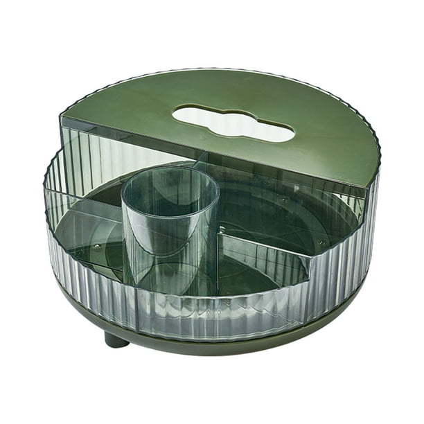 Organizador giratorio de maquillaje cosmético, contenedor de mesa con múltiples compartimentos para cosméticos verde con tapa