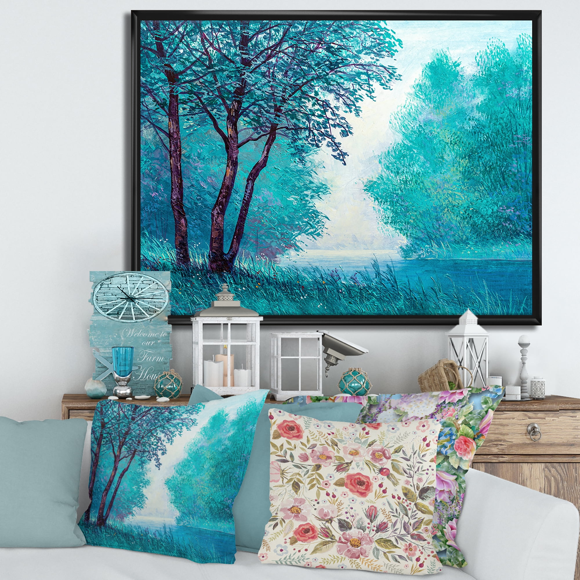 Blue Coloured Tree Impression By Riverside 40 in x 30 in Framed Painting Canvas Art Print, by Designart