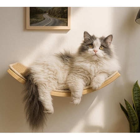 Wood Cat Wall Bed With Sisal Mat - Curved Cats Shelf For And Sleeping Mounted Furniture Large