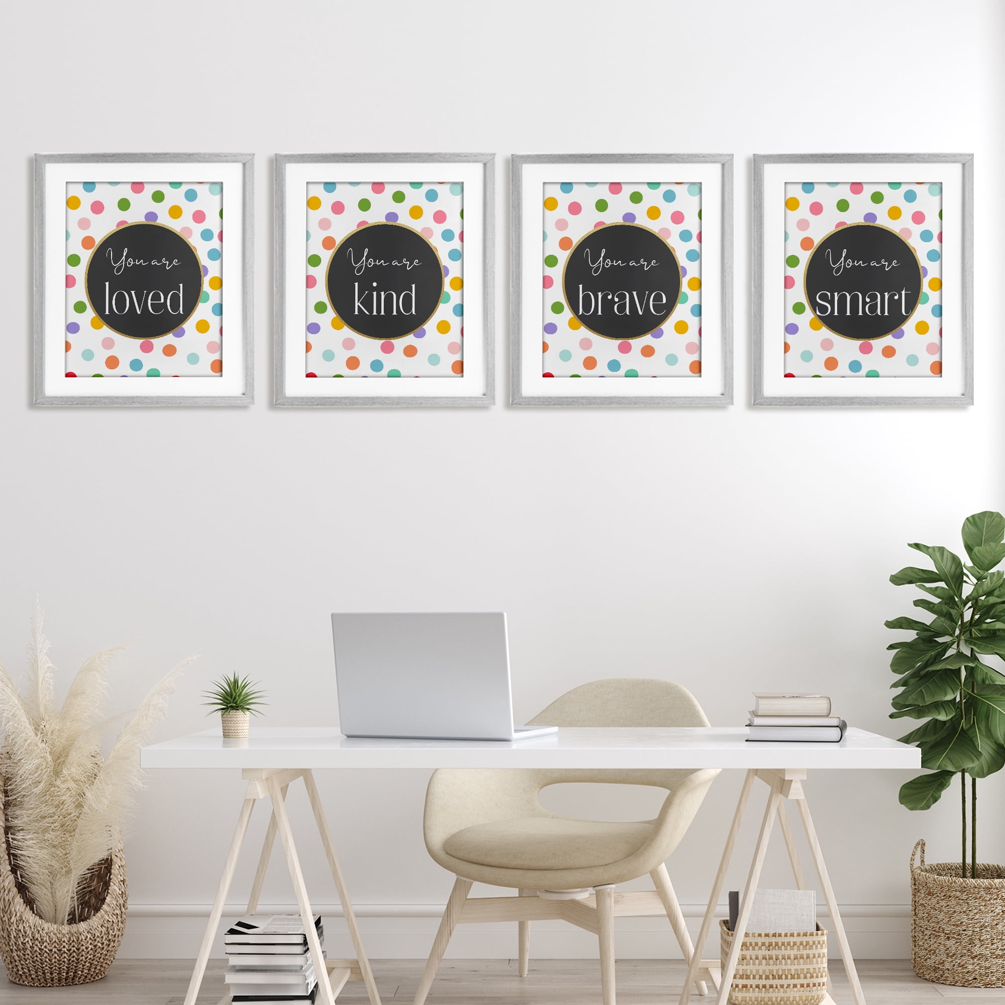 Stupell Industries Polka Dot Affirmations 4 Piece Gray Framed Print Under Glass Set, design by Christine Simpson Art