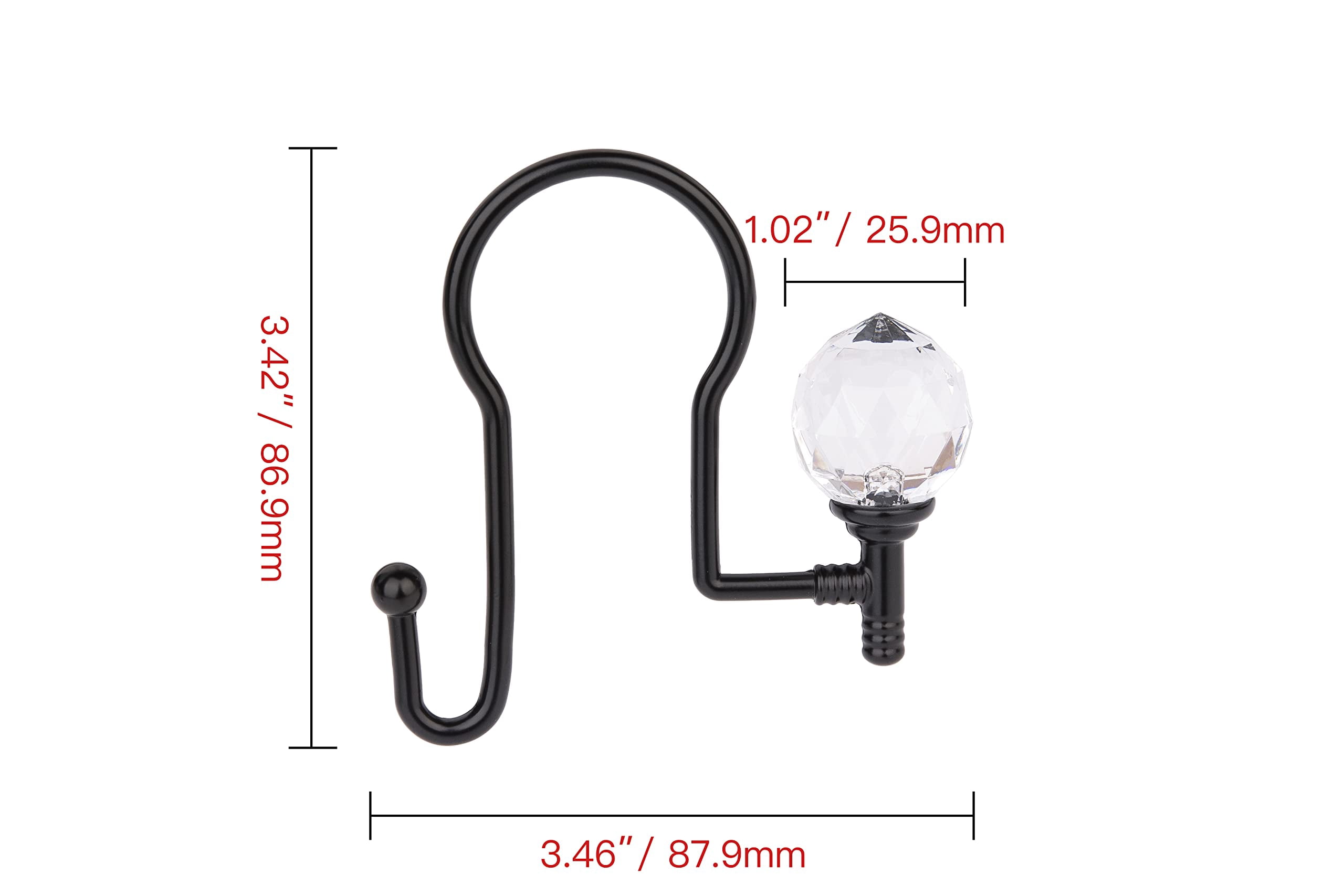 Utopia Alley  Rustproof Zinc Double Shower Curtain Hooks for Bathroom, Crystal Design, Set of 12 Black