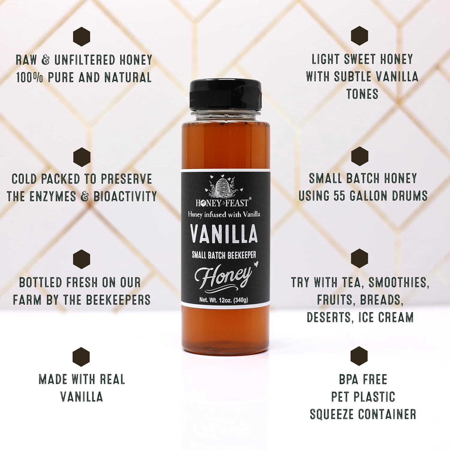 HONEY FEAST Raw Vanilla Honey 12OZ (Pack of 3) - Unfiltered and Pure - Cold packed and hand poured in Florida, USA