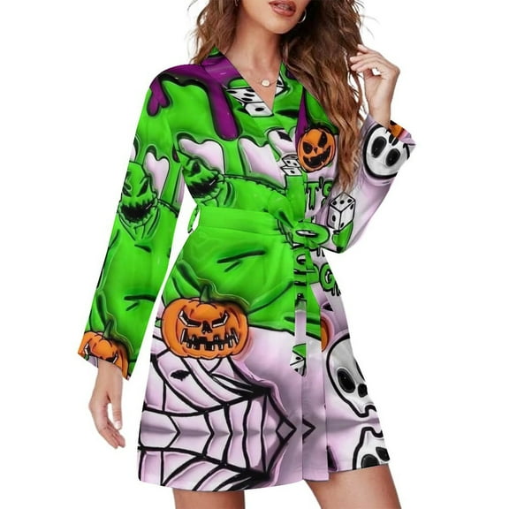 Oogie Boogie Nightgowns for Women Belted Sleepwear V-Neck Night Shirt Long Sleeve Printed Pajamas Sleep Dress S