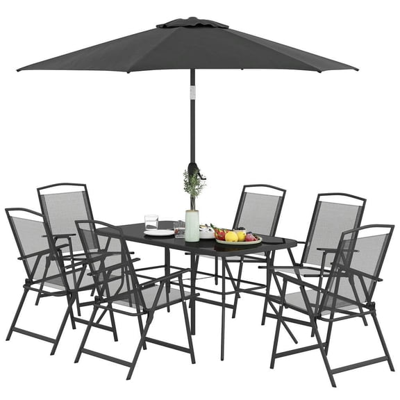 Yardi Yarda 8 Pieces Outdoor Dining Set with Umbrella and Mesh Seat, Patio Furniture Set with Rectangle Table and 6 Folding Chairs, Black