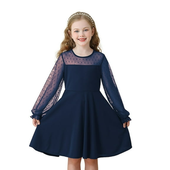 Flower Girl Dress,Girls Lace Long Sleeve Solid Color Cute Dress,Elegant Party Attire Wear for Children,Toddler Girl Dress,Navy,14-15 Years
