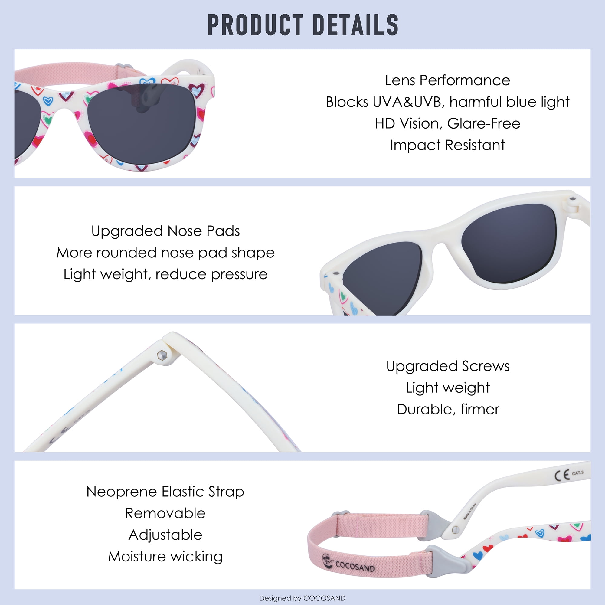 COCOSAND Baby Sunglasses with Strap Square Frame UV400 for Infant Toddler Boys Girls Age 0-24 Months, 2-Pack