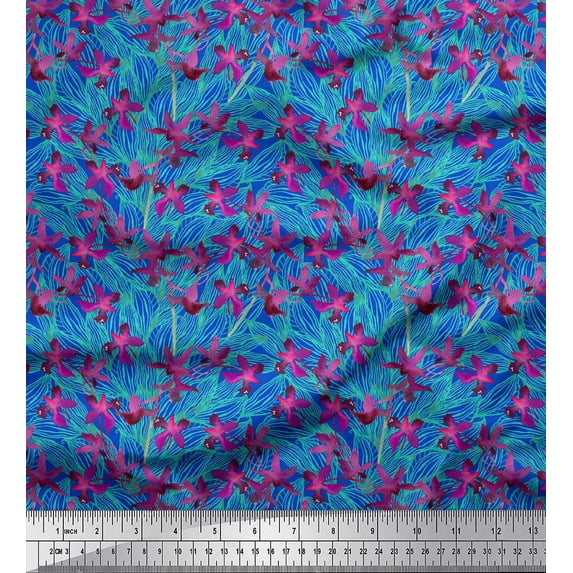 Soimoi Blue Cotton Cambric Fabric Flower & Leaves Watercolor Printed Fabric 1 Yard 42 Inch Wide