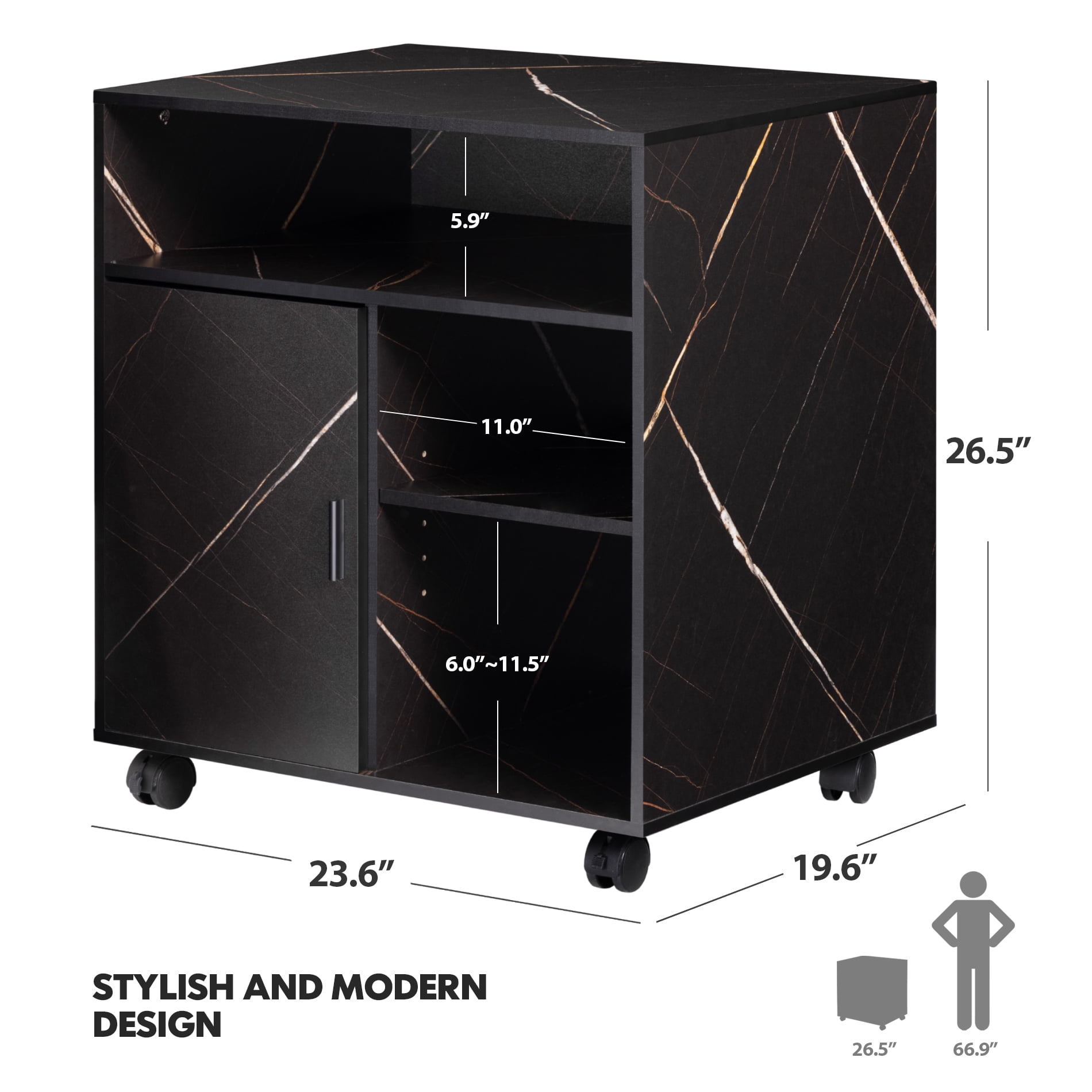 FITUEYES Large File Cabinet with Storage Adjustable Shelves, Wood Mobile Cart with Door, Rolling Printer Stand on Wheels for Home Office, Stone Black