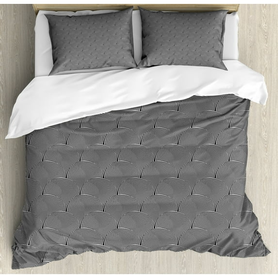 Abstract Duvet Cover Set King Size, Monochrome Modern Graphic Artwork Circular Optical Illusion Pattern, Decorative 3 Piece Bedding Set with 2 Pillow Shams, Charcoal Grey and White, by Ambesonne
