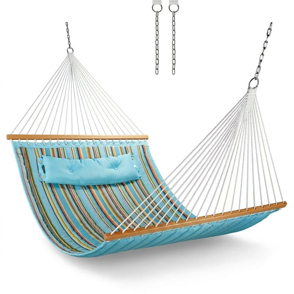 Blue Stripes 12 Ft Double Quilted Fabric Hammock With Spreader Bars, 450 Lbs Weight Capacity