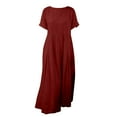 thumbnail image 6 of Horkkom Linen Dress Women Summer Short Sleeve Maxi Dress Casual Loose Flowy Pleated Dresses Crew Neck Solid Color Long Dresses S, 6 of 6