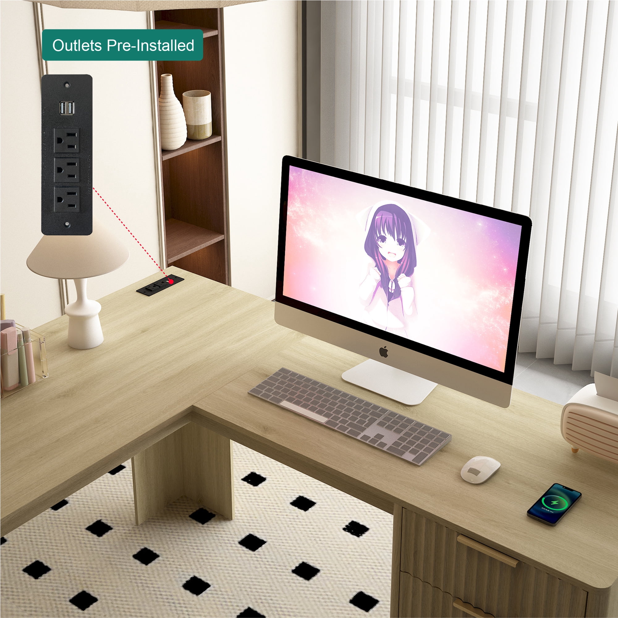 Aukfa L-Shaped Computer Desk, 2-in-1 Corner Desk with Charging Station & Storage Cabinet for Home Office,Natural